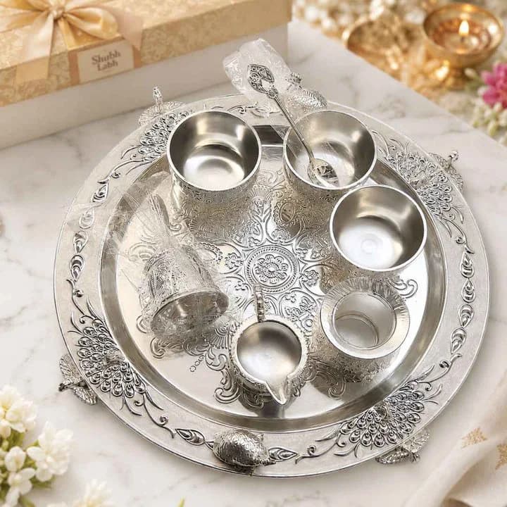 Premium German Silver Serving Set with Embossed Round Tray for Festive Gifting & Pooja Use — 7