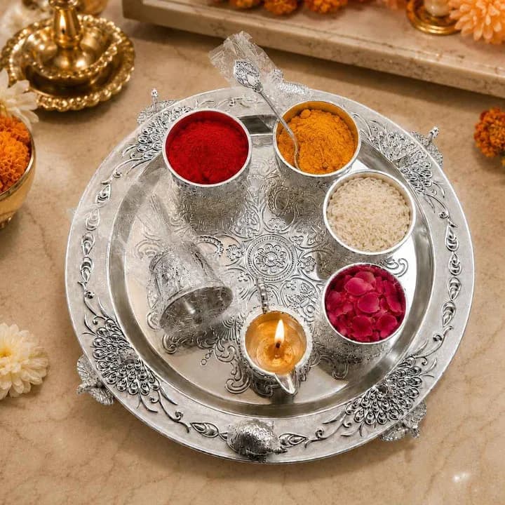 Premium German Silver Serving Set with Embossed Round Tray for Festive Gifting & Pooja Use — 8