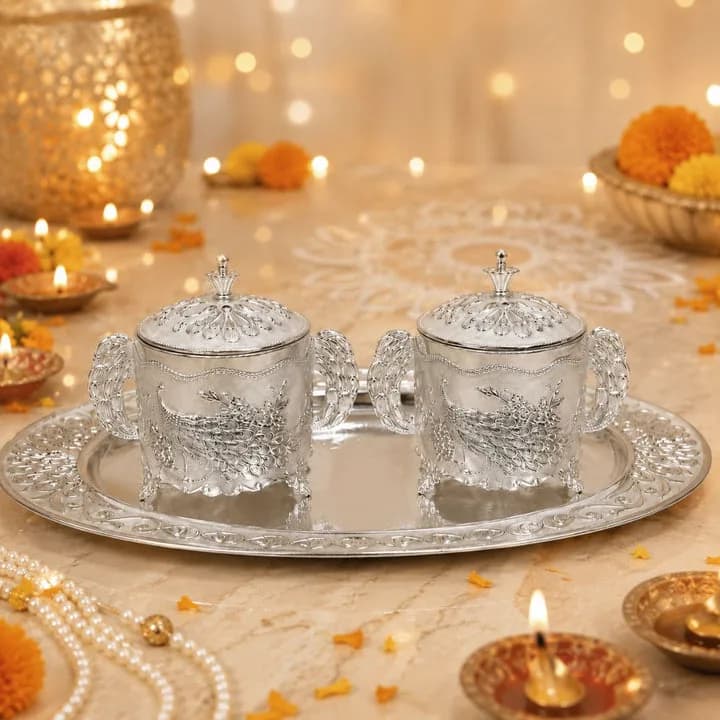German Silver White Peacock Container Set with Tray — 1