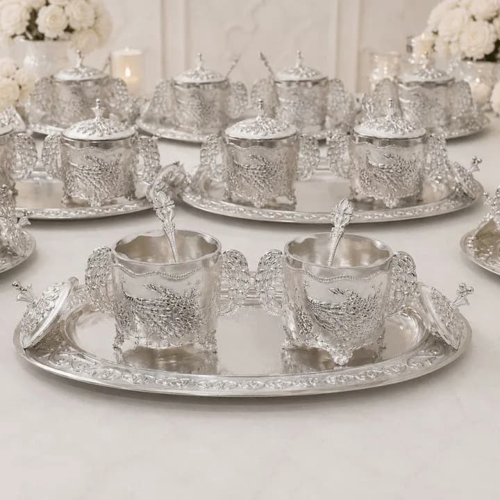German Silver White Peacock Container Set with Tray — 2