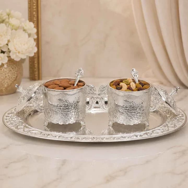 German Silver White Peacock Container Set with Tray — 6