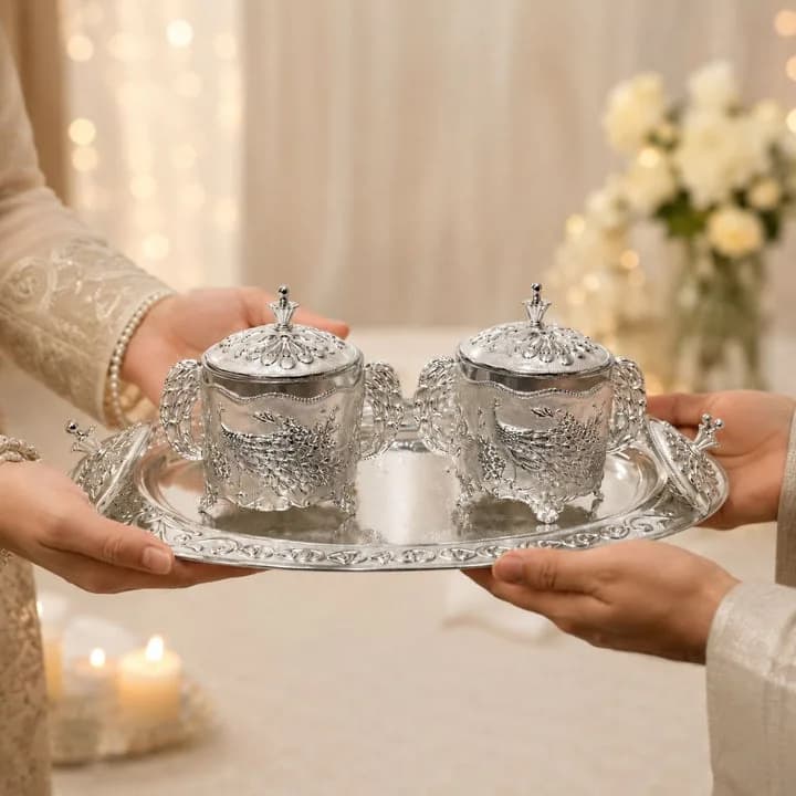 German Silver White Peacock Container Set with Tray — 4