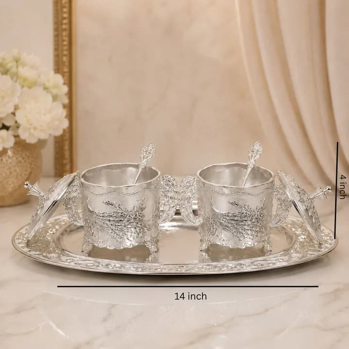 German Silver White Peacock Container Set with Tray — 3