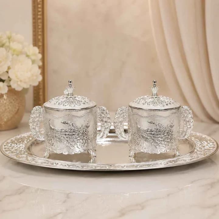 German Silver White Peacock Container Set with Tray — 7