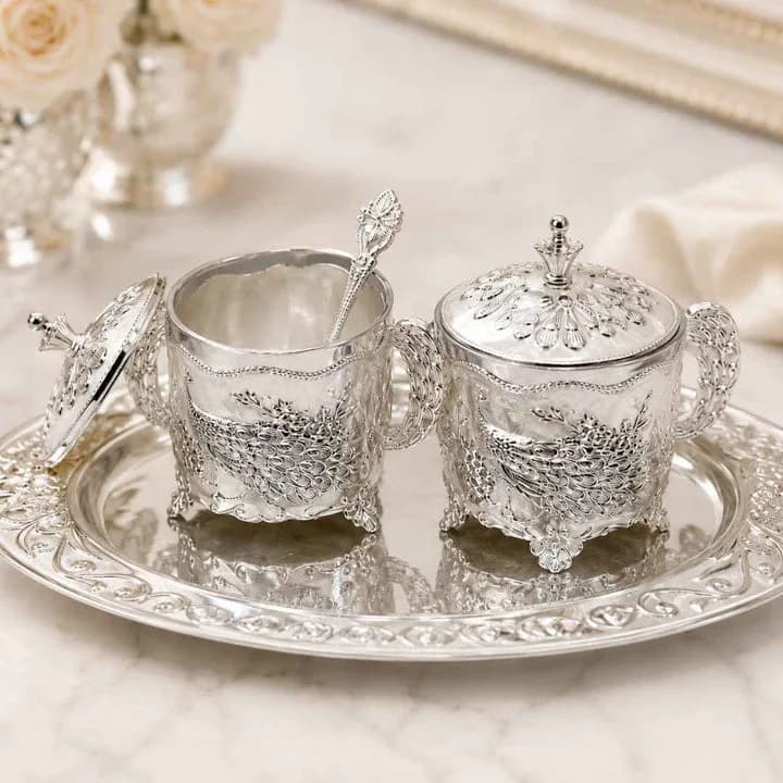 German Silver White Peacock Container Set with Tray — 8