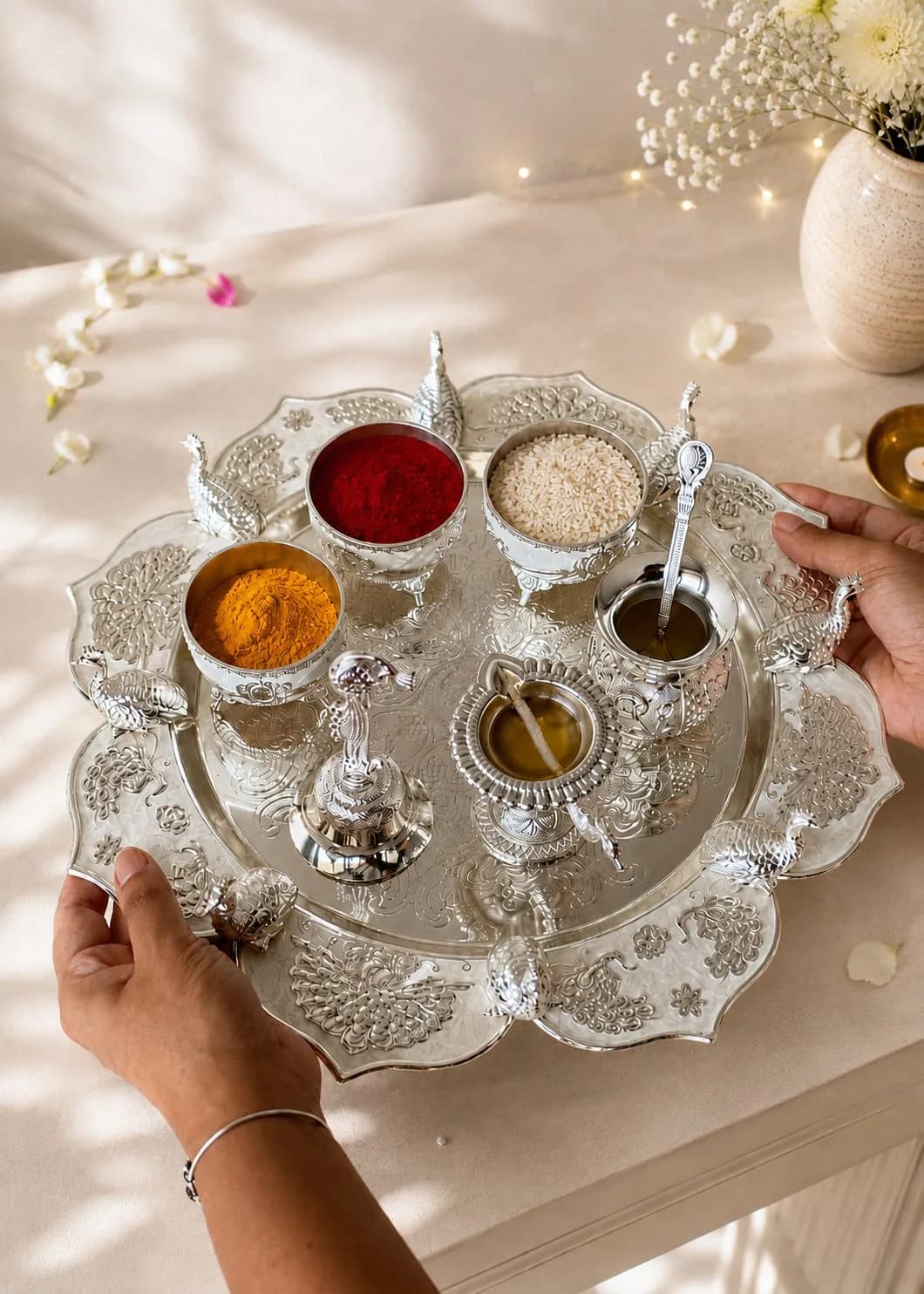 Festival silver Pooja peacock thali — 1