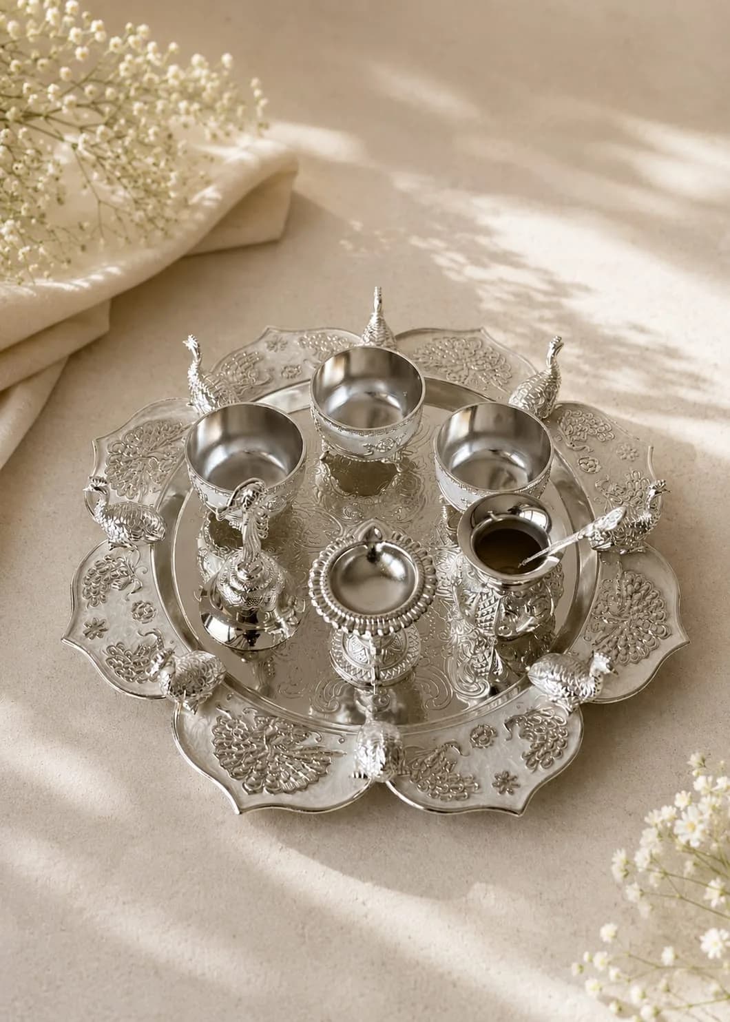 Festival silver Pooja peacock thali — 2