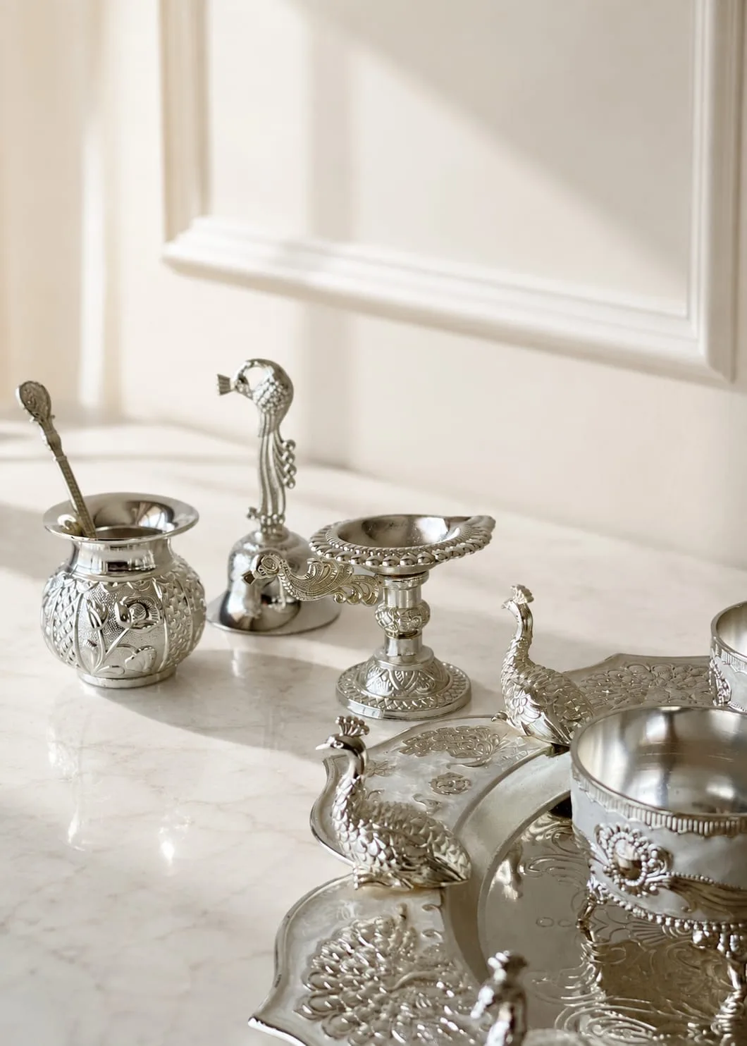 Festival silver Pooja peacock thali — 3