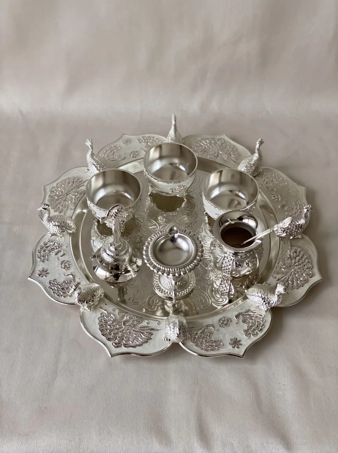 Festival silver Pooja peacock thali — 4