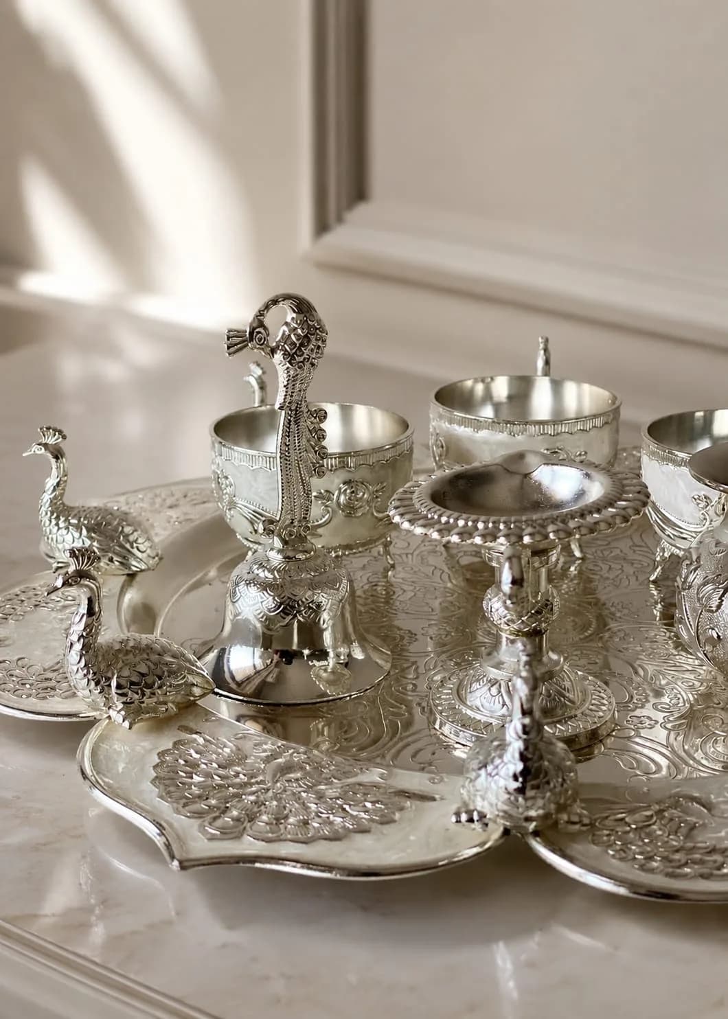 Festival silver Pooja peacock thali — 8