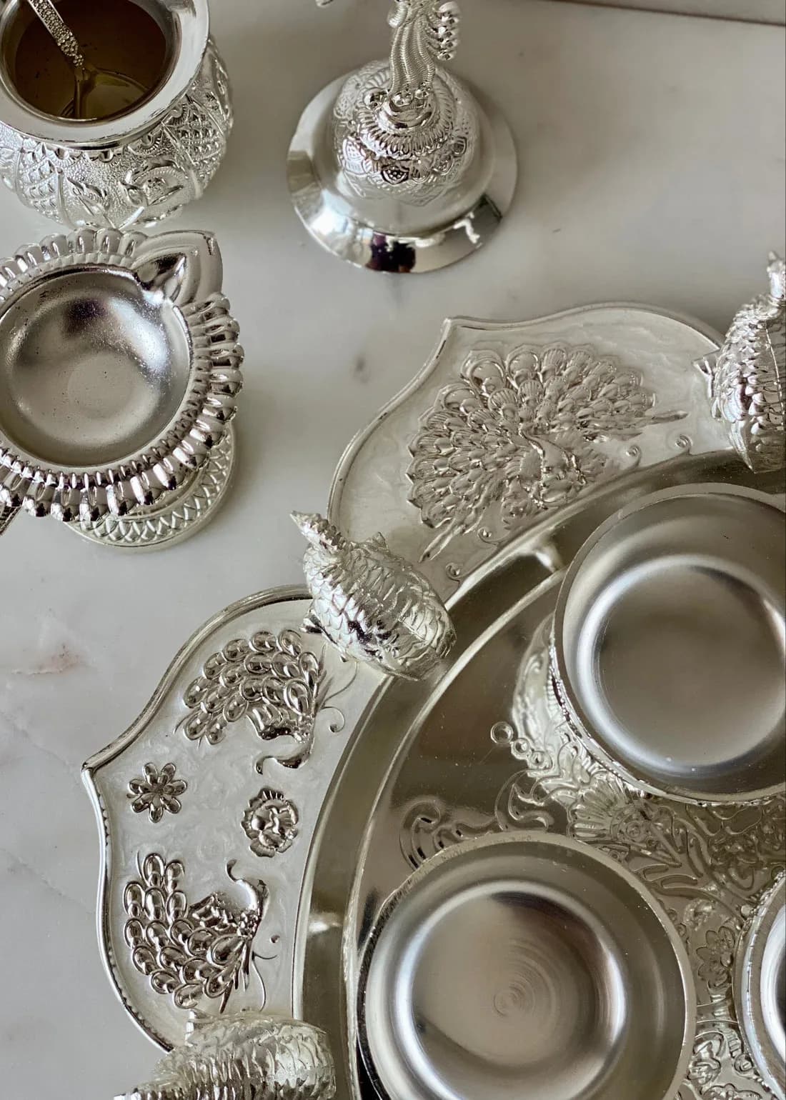 Festival silver Pooja peacock thali — 7