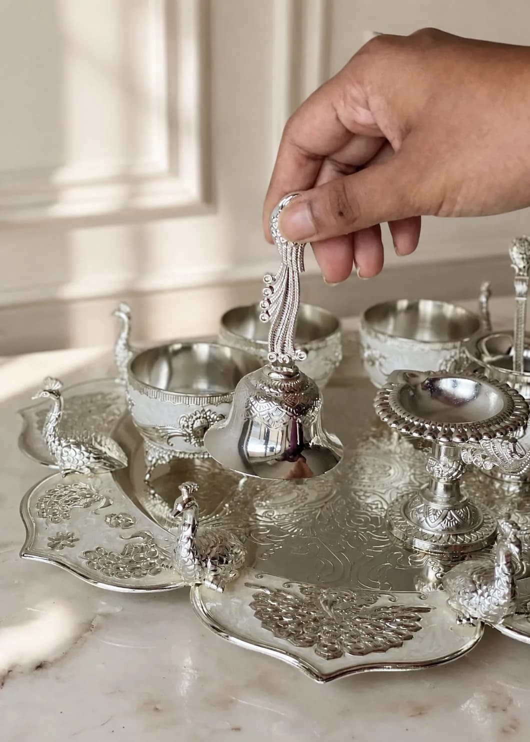Festival silver Pooja peacock thali — 6
