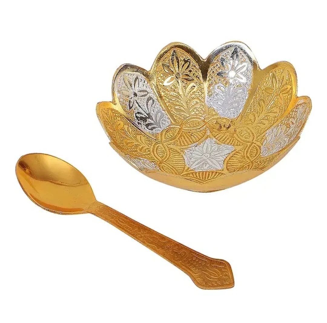 LAMANSH Golden Silver Plated Metal Bowl set for Gifting 🎁 | German Silver Gold Floral Bowl set in velvet box for Weddin — 2
