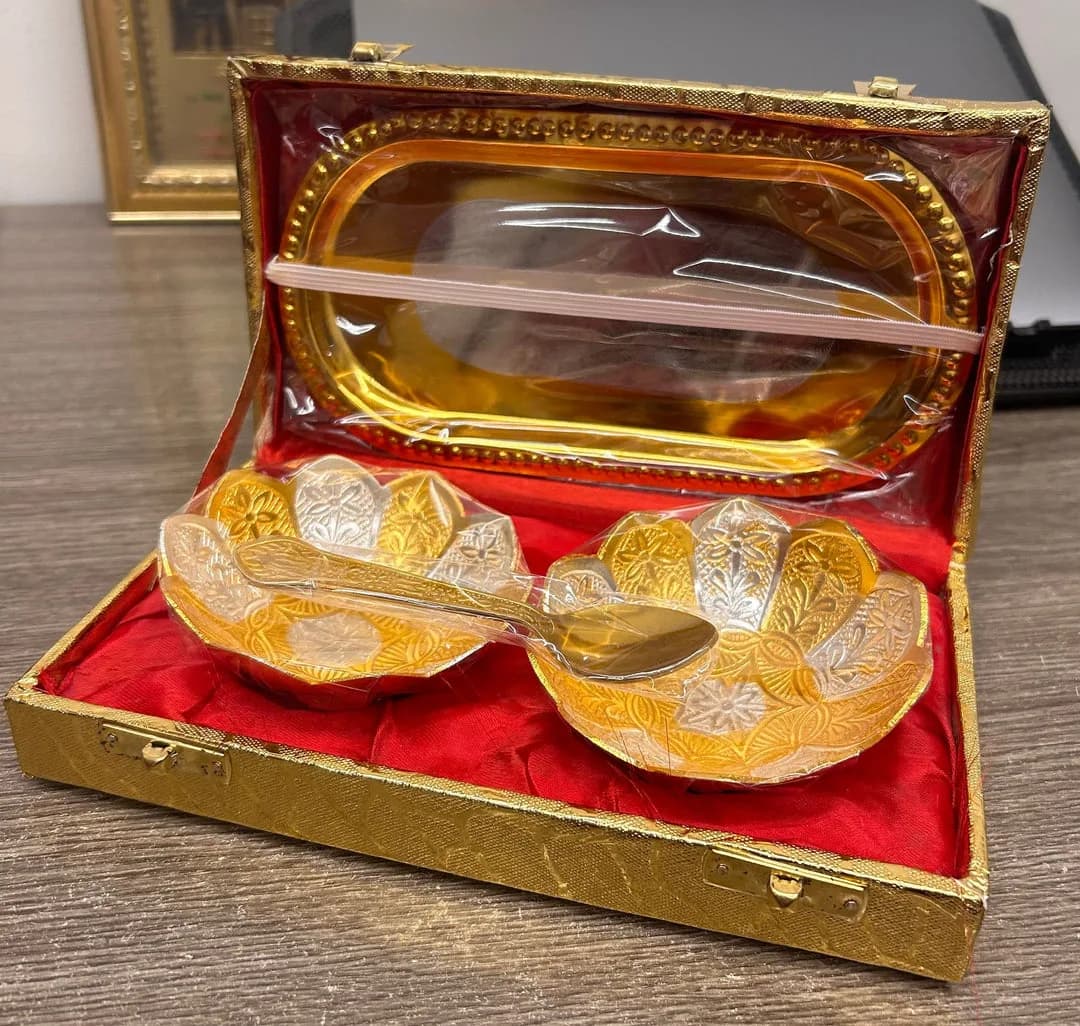 LAMANSH® German Silver Golden Plated Metal Bowl set for Gifting 🎁 | German Silver Tray & Bowl set in golden box for Wed — 1