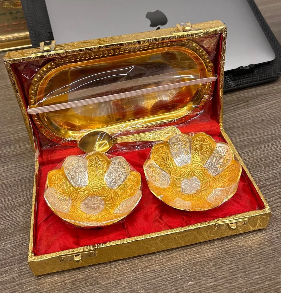 LAMANSH® German Silver Golden Plated Metal Bowl set for Gifting 🎁 | German Silver Tray & Bowl set in golden box for Wed — 2