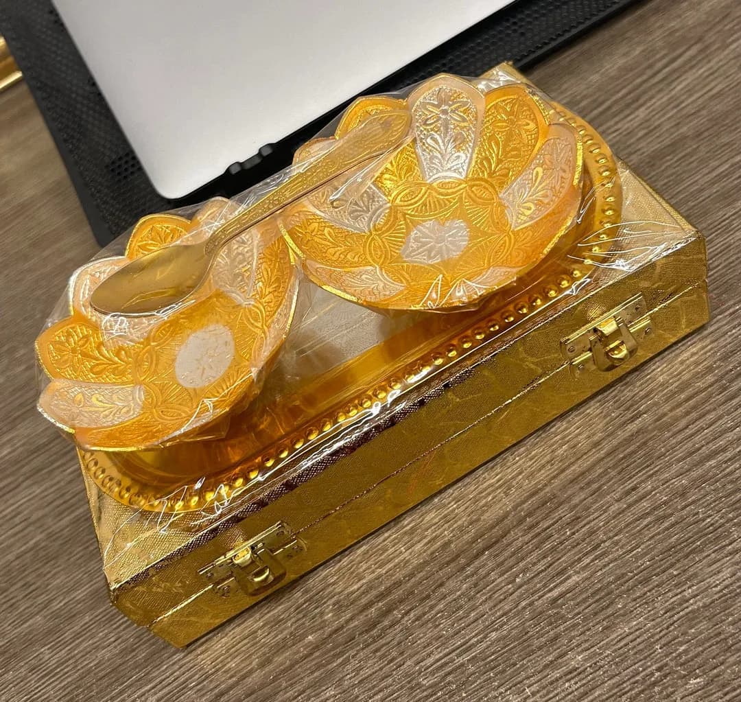 LAMANSH® German Silver Golden Plated Metal Bowl set for Gifting 🎁 | German Silver Tray & Bowl set in golden box for Wed — 3